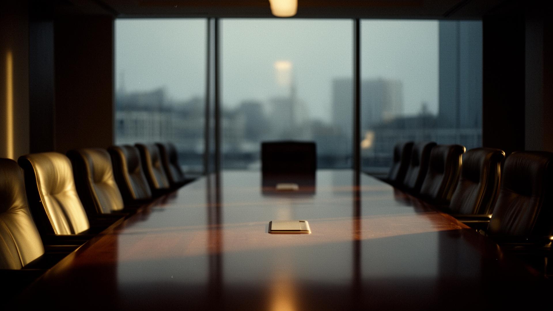Empty executive boardroom at dusk, warm light raking across a polished conference table.